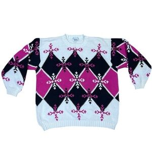Picone Sport Womens Size 2X Crew Neck Pullover Sweater Argyle Print 100% Cotton